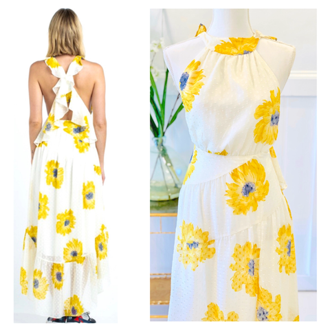 White Sunflower Print Swiss Dot Chiffon Hi-Lo Dress with Crisscross Flutter Back