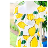 Lemon Print On or Off the Shoulder Ruffle Hem Midi Dress with Smocked Bodice