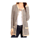 Taupe Round Knit Slim Fit Cardigan with Front Fringe Detail & Pockets