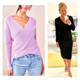 Black or Lavender Medium Weight Stretchy Ribbed Knit Crisscross V-Neck Sweater
