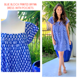 Blue Block Printed Brynn Dress with Pockets