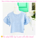 Blue & White Gingham Bell Sleeve Top with Keyhole Back