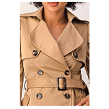 Camel Shirred Puff Sleeve Double Breasted Sophisticated Belted Trench Coat