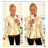 Metallic Gold PU Leather Pleated Peplum Jacket with Zipper Cuffs