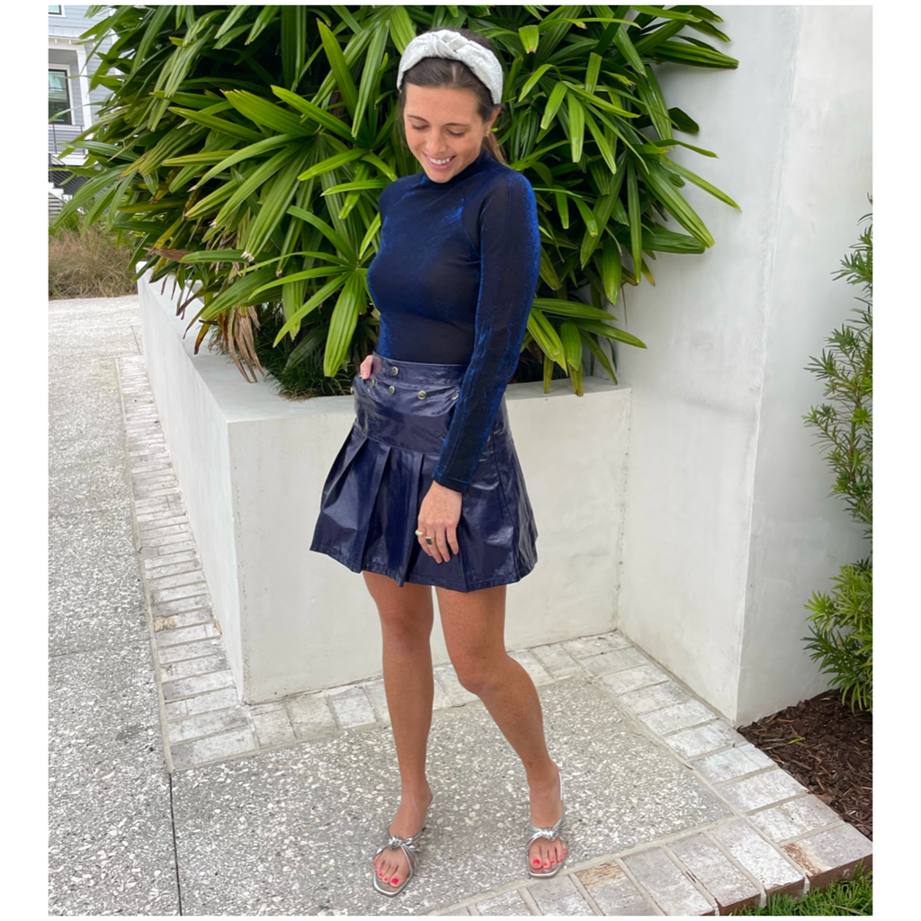 Navy leather pleated shop skirt