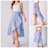 Blue Stripe High Low Maxi Wrap Skirt with Round Ruffle Hem Detail