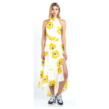 White Sunflower Print Swiss Dot Chiffon Hi-Lo Dress with Crisscross Flutter Back