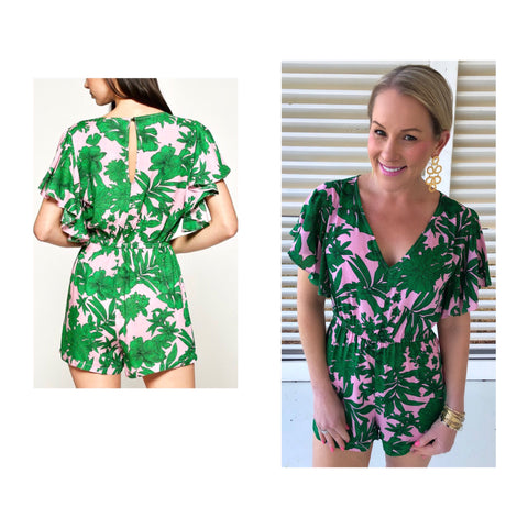 Pink & Bright Green Palm Leaf Romper with Keyhole Back