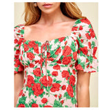 Blush Pink Red & Green Rose Print Ruffled Puff Sleeve Dress with Ruched Sweetheart Bust