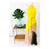 Lemon Yellow Olive & Nude Pleated Halter Maxi Dress with Open Back & Tassel Tie Waist