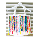 White Canvas Tote with Blue Green Red Pink & Yellow Ric Rac Trim