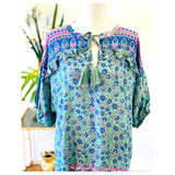 Mint Green Lilac & Blue Floral Print Dolman Sleeve High Low Midi Dress with Ruffle Bust Trim