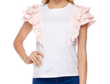 White Short Sleeve Top with Pink Ruffle Trim