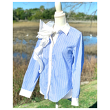 Blue & White Pinstripe Button Down Top with Asymmetrical Ruffle & Pleated Back