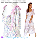 Lavender Baby Blue & Off White Puff Sleeve Ribbon Trimmed Maxi Dress with Shirred Bust & Scoop Back