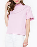Baby Pink Short Sleeve High Neck Ruffle Top with Button Back Closure