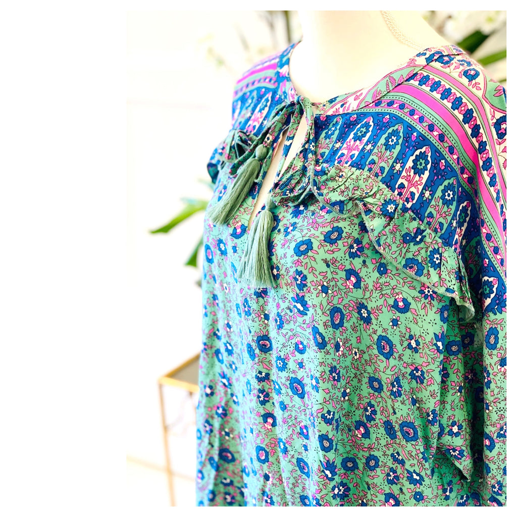Mint Green Lilac & Blue Floral Print Dolman Sleeve High Low Midi Dress ...