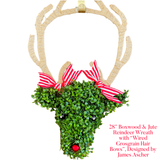 28” Boxwood & Jute Wreath with Red “Wired Grosgrain Hair Bows”