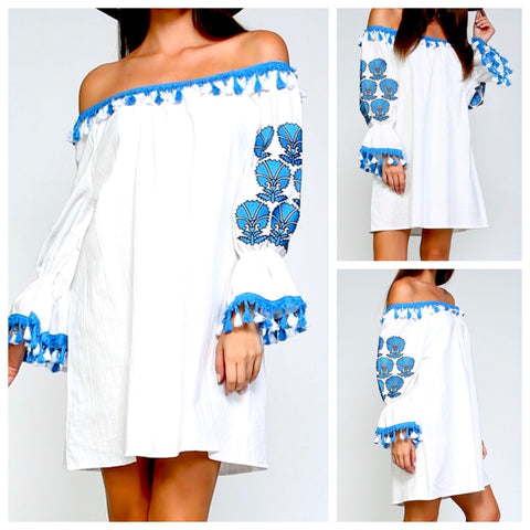White Off the Shoulder Embroidered Tunic Dress with Turquoise Tassels