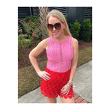 Pink & Red Color Blocked Crochet Lace Sleeveless Romper