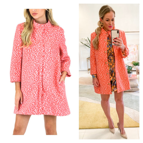 Limited Edition Coral Pink Leopard Print Mandarin Collar 3/4 Length Textured Swing Jacket with Pockets