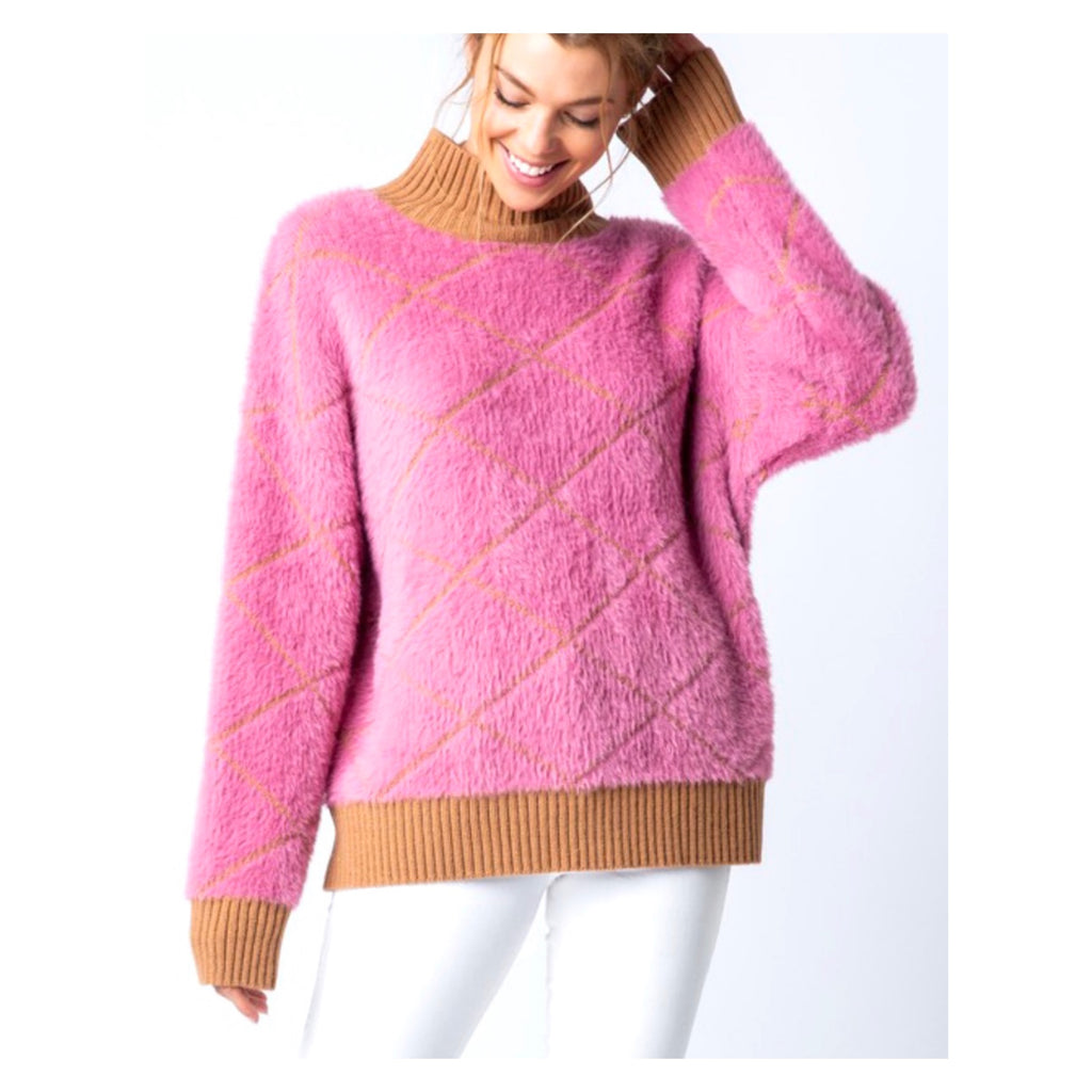 Pink & Camel Fuzzy Knit Mock Neck Slightly Oversized Sweater