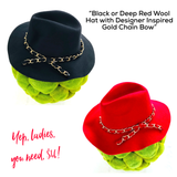 Black or Deep Red Wool Hat with Designer Inspired Gold Chain Bow