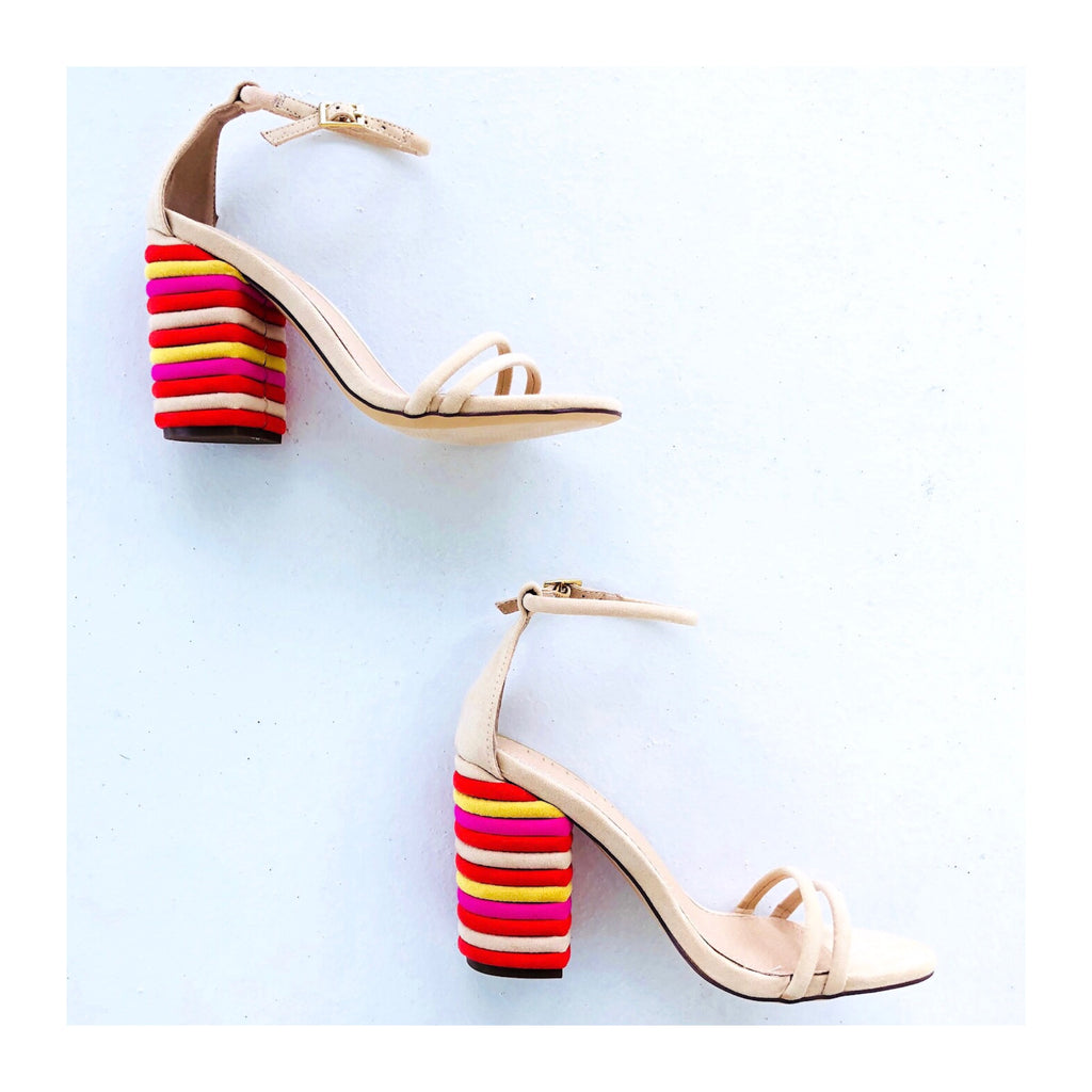 Nude Suede Sandals with Orange Yellow & Pink Bubble Ribbed Block Heel ...