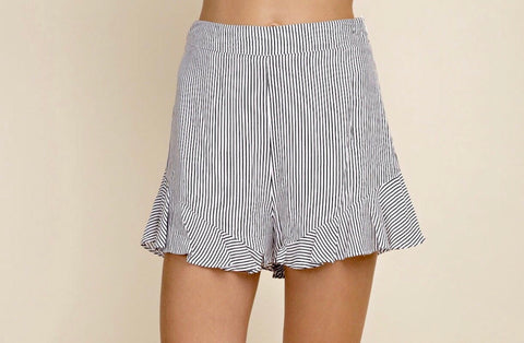 Black White Striped Flutter Hem Shorts with Side Zip