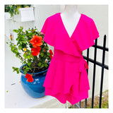 Fuchsia Layered Ruffle Cape Tie Waist Romper with Open Back & A-Line Fit