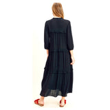 Black Embroidered Swiss Dot Ruffle Trim 3/4 Sleeve Maxi Dress