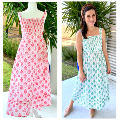 Raspberry OR Lilly Green Block Print RUFFLE TRIM Dress