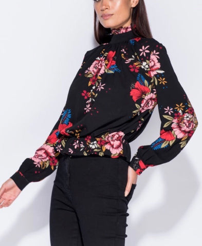 Floral High Neck Top with Keyhole Back, Black