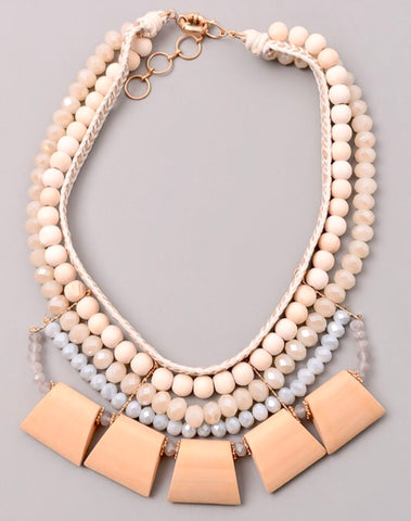 Blush Pink and Blue Mixed Multi Strand Necklace with Geometric Medallions