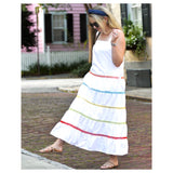 White Tiered Ruffle Hem Maxi Dress with Rainbow Ladder Trim & POCKETS