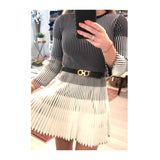 Ivory & Navy 3/4 Sleeve PLEATED Knit Dress (Belt it for a super chic look!)