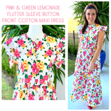 Pink & Green Lemonade Flutter Sleeve Button Front Maxi Dress