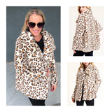 Ivory Leopard Print Faux Fur Swing Jacket with Oversized Basic Collar & Pockets
