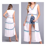 White Sleeveless Button Down Embroidered Kaftan Dress or Coverup with Turquoise Fringe Hem