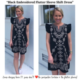 Black Embroidered Flutter Sleeve Shift Dress