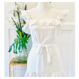 White Flutter Sleeve Midi Dress with Ladder Trimmed Double Ruffle Hem & Smocked Back