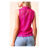 Hot Pink Crochet Lace Sleeveless Mock Neck Top with Keyhole Back & Scalloped Hem