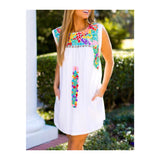 White Multi Embroidered Textile Sleeveless Shift Dress with POCKETS