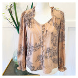 Taupe & Gold Shimmer Leopard Button Down Ruffle Sleeve Blouse with Ruffled Sweetheart Neckline