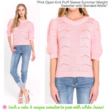 Pink Open Knit Puff Sleeve Summer Weight Fine Knit Sweater with Banded Waist
