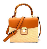 Woven Straw Handbag with Bamboo Handle & Vegan Leather with Gold Clasp Closure (4 Colors)