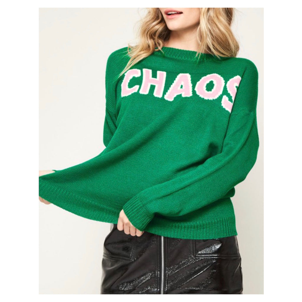 Kelly Green & Embroidered Pink Knit CHAOS Sweater - James Ascher