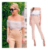 Light Camel Cropped Jumpsuit with Sailor Buttons & Off the Shoulder Peekaboo White Rope Lattice