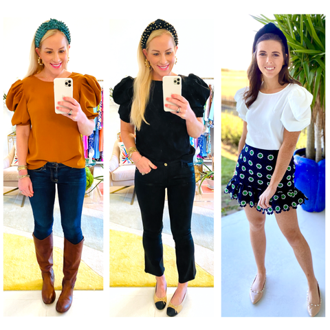 Emerald Green, White, Camel OR Black Shirred Puff Sleeve Blouse with Keyhole Back