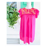 Hot Pink & Tangerine Flutter Sleeve Embroidered Textile Shift Dress with Ruffle Bust & Keyhole Back